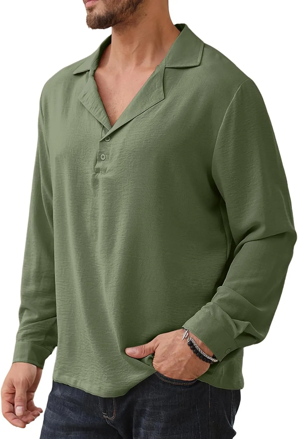 Mens Fashion Polo Shirts Long Sleeve Button Up T Shirts Summer Beach V-Neck Casual Shirts Solid Colour Tops