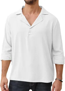 Mens Fashion Polo Shirts Long Sleeve Button Up T Shirts Summer Beach V-Neck Casual Shirts Solid Colour Tops