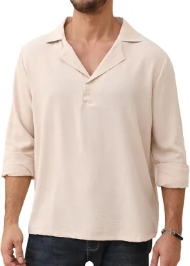 Mens Fashion Polo Shirts Long Sleeve Button Up T Shirts Summer Beach V-Neck Casual Shirts Solid Colour Tops