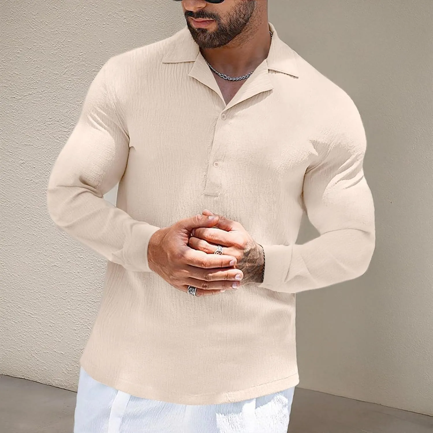 Mens Fashion Polo Shirts Long Sleeve Button Up T Shirts Summer Beach V-Neck Casual Shirts Solid Colour Tops