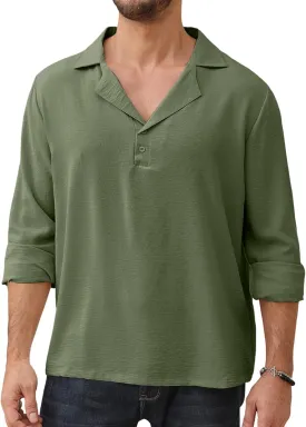 Mens Fashion Polo Shirts Long Sleeve Button Up T Shirts Summer Beach V-Neck Casual Shirts Solid Colour Tops
