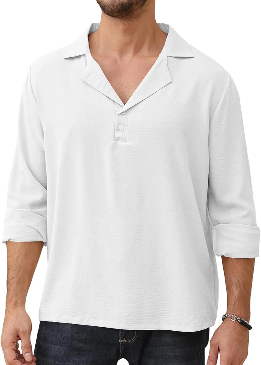 Mens Fashion Polo Shirts Long Sleeve Button Up T Shirts Summer Beach V-Neck Casual Shirts Solid Colour Tops