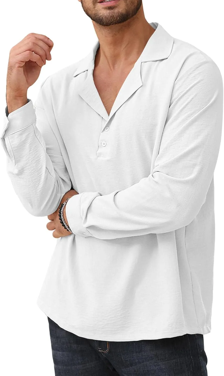 Mens Fashion Polo Shirts Long Sleeve Button Up T Shirts Summer Beach V-Neck Casual Shirts Solid Colour Tops