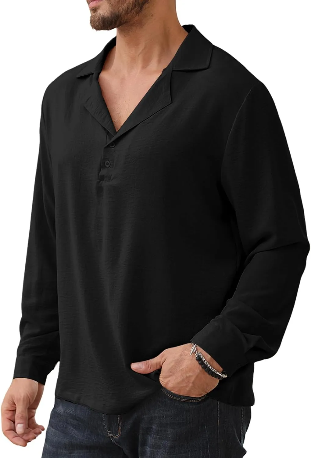 Mens Fashion Polo Shirts Long Sleeve Button Up T Shirts Summer Beach V-Neck Casual Shirts Solid Colour Tops