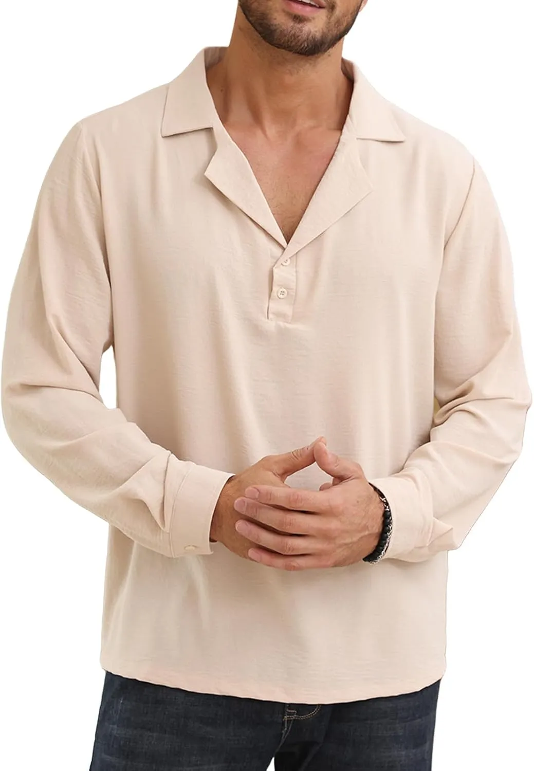 Mens Fashion Polo Shirts Long Sleeve Button Up T Shirts Summer Beach V-Neck Casual Shirts Solid Colour Tops