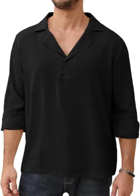 Mens Fashion Polo Shirts Long Sleeve Button Up T Shirts Summer Beach V-Neck Casual Shirts Solid Colour Tops