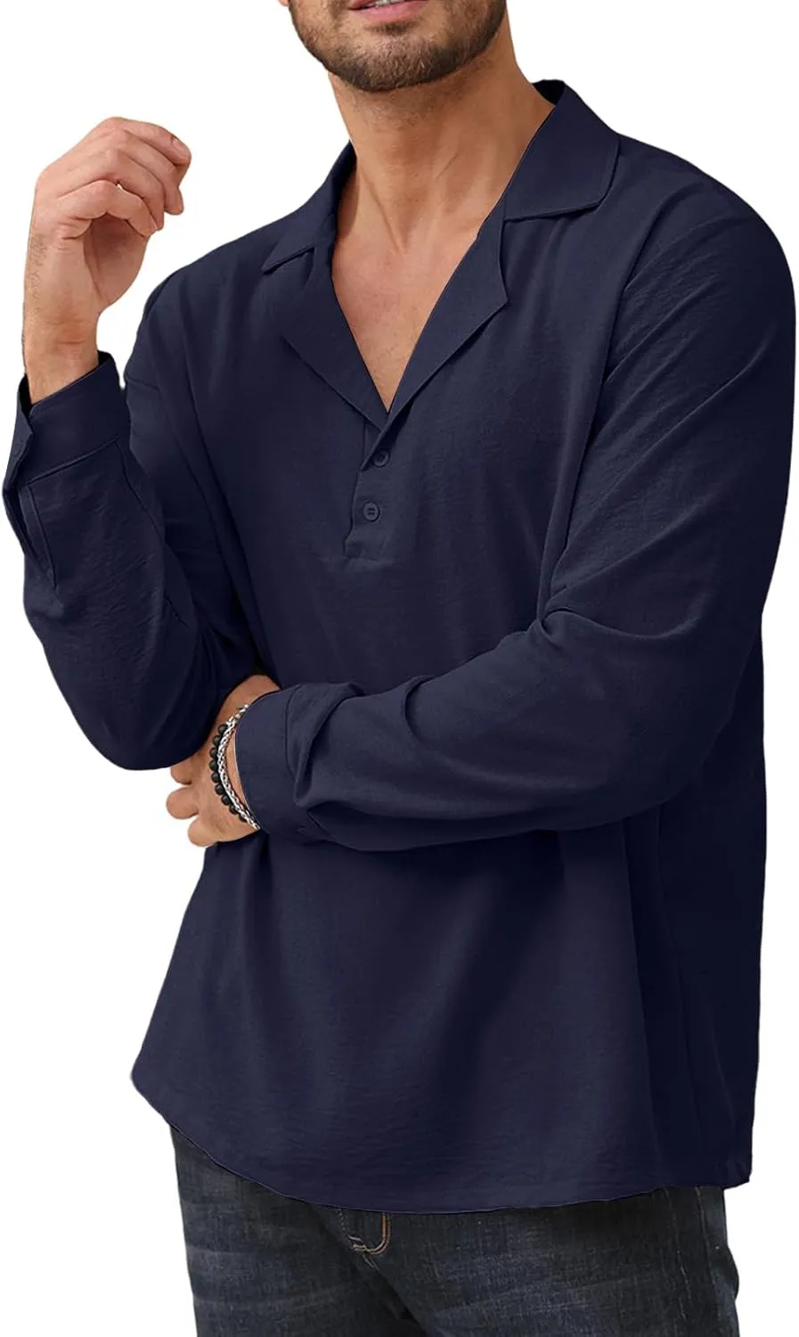 Mens Fashion Polo Shirts Long Sleeve Button Up T Shirts Summer Beach V-Neck Casual Shirts Solid Colour Tops