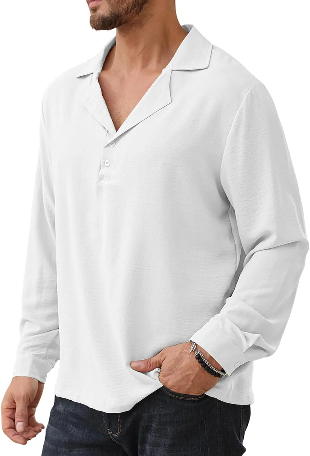 Mens Fashion Polo Shirts Long Sleeve Button Up T Shirts Summer Beach V-Neck Casual Shirts Solid Colour Tops