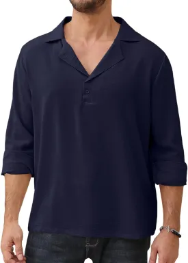 Mens Fashion Polo Shirts Long Sleeve Button Up T Shirts Summer Beach V-Neck Casual Shirts Solid Colour Tops
