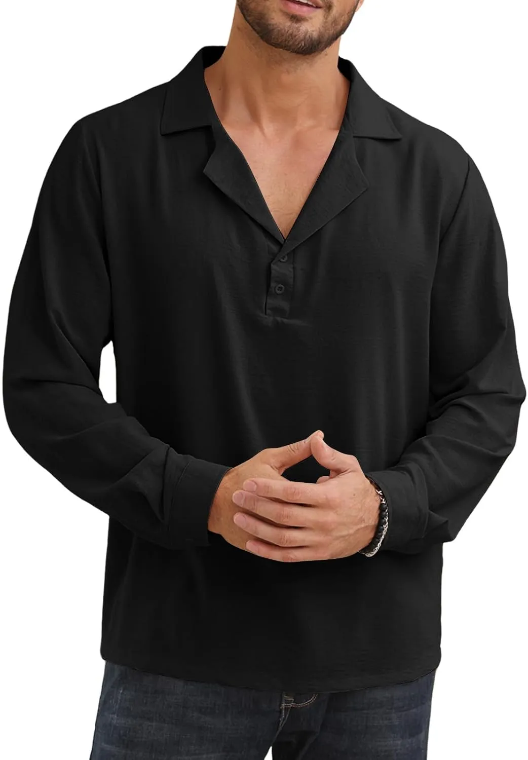 Mens Fashion Polo Shirts Long Sleeve Button Up T Shirts Summer Beach V-Neck Casual Shirts Solid Colour Tops