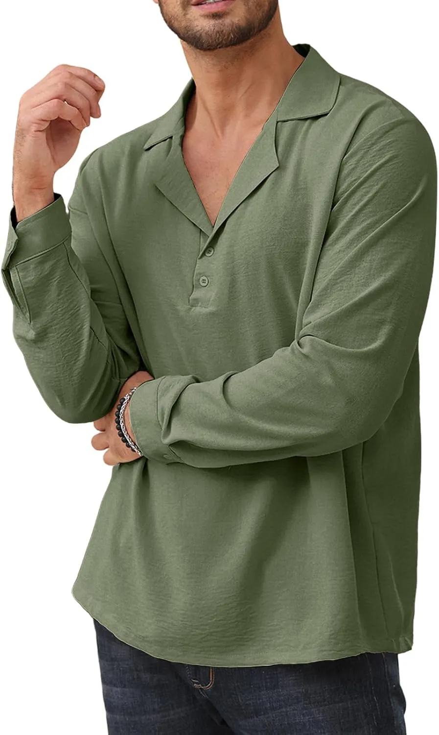 Mens Fashion Polo Shirts Long Sleeve Button Up T Shirts Summer Beach V-Neck Casual Shirts Solid Colour Tops