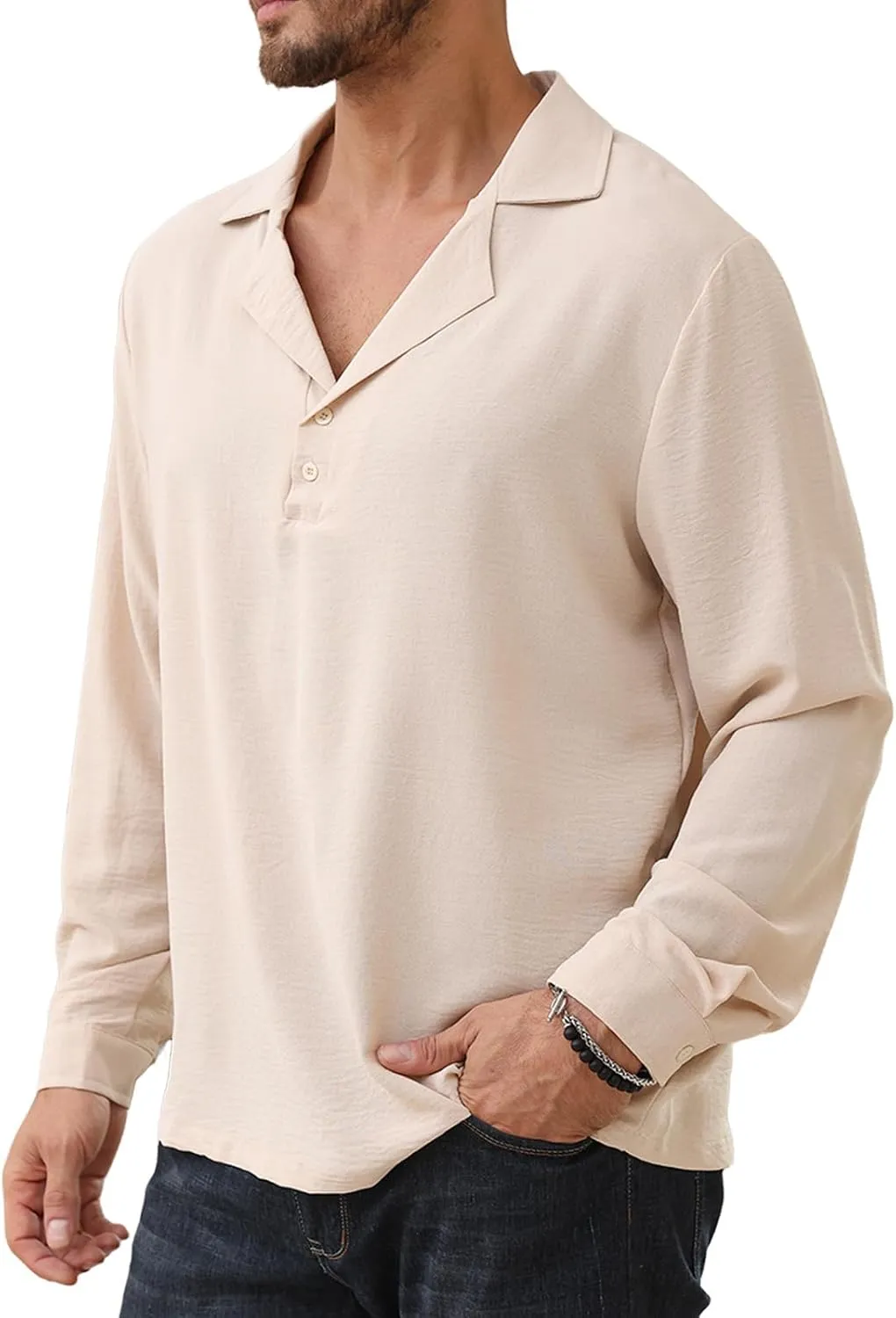Mens Fashion Polo Shirts Long Sleeve Button Up T Shirts Summer Beach V-Neck Casual Shirts Solid Colour Tops