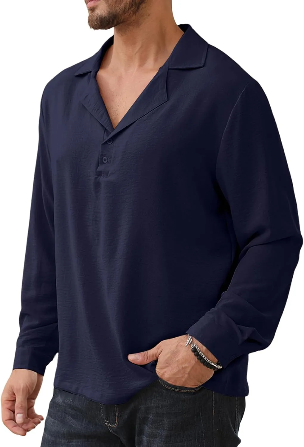 Mens Fashion Polo Shirts Long Sleeve Button Up T Shirts Summer Beach V-Neck Casual Shirts Solid Colour Tops