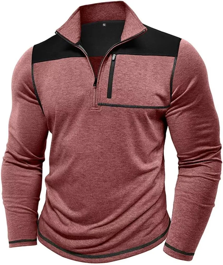 Mens Long Sleeve Polo Shirts Color Block Golf Shirt Quarter Zip Pullover Athletic T Shirts with Pocket