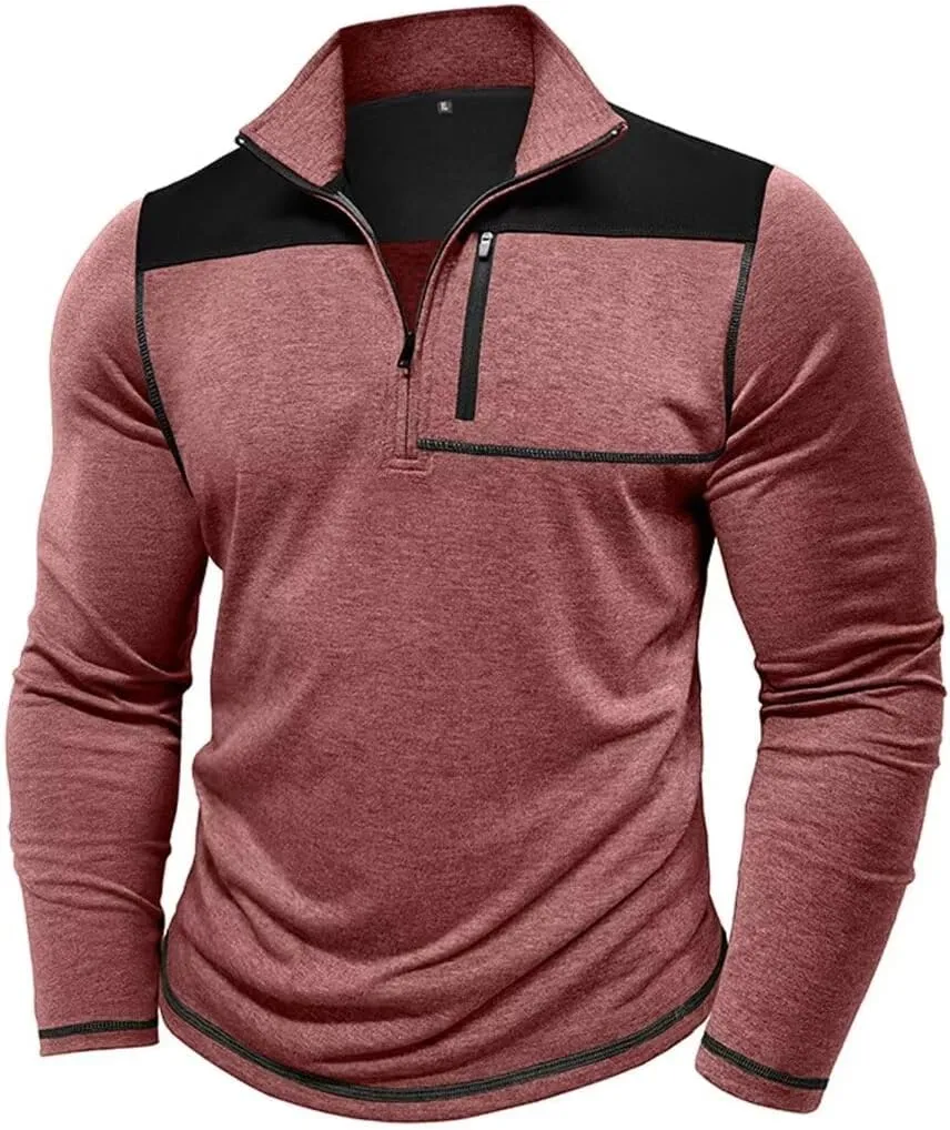 Mens Long Sleeve Polo Shirts Color Block Golf Shirt Quarter Zip Pullover Athletic T Shirts with Pocket