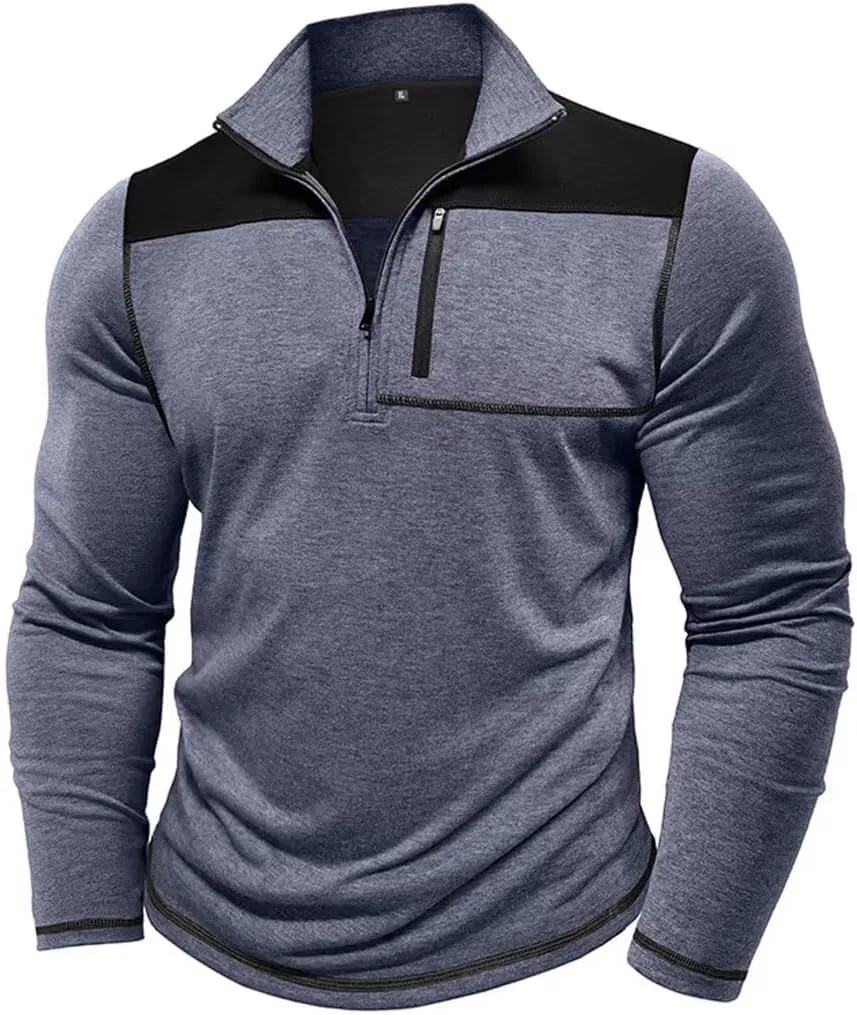 Mens Long Sleeve Polo Shirts Color Block Golf Shirt Quarter Zip Pullover Athletic T Shirts with Pocket