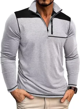 Mens Long Sleeve Polo Shirts Color Block Golf Shirt Quarter Zip Pullover Athletic T Shirts with Pocket