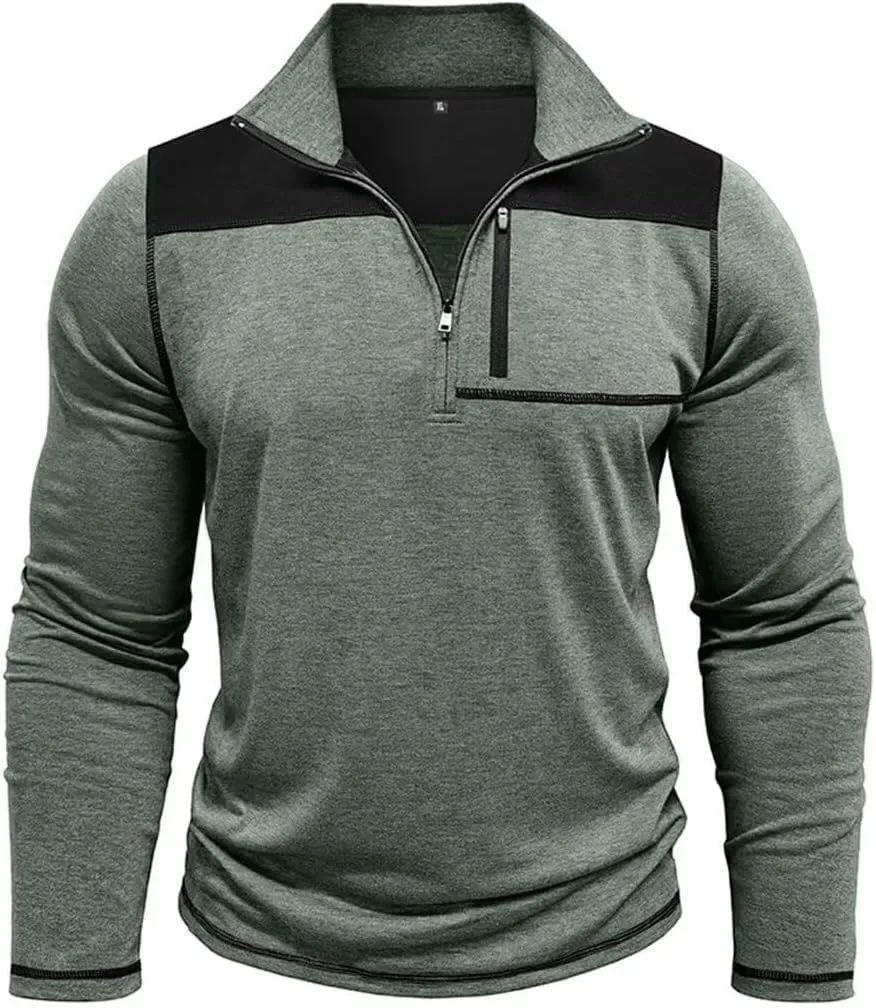 Mens Long Sleeve Polo Shirts Color Block Golf Shirt Quarter Zip Pullover Athletic T Shirts with Pocket