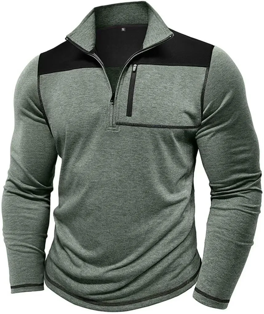 Mens Long Sleeve Polo Shirts Color Block Golf Shirt Quarter Zip Pullover Athletic T Shirts with Pocket