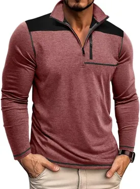 Mens Long Sleeve Polo Shirts Color Block Golf Shirt Quarter Zip Pullover Athletic T Shirts with Pocket