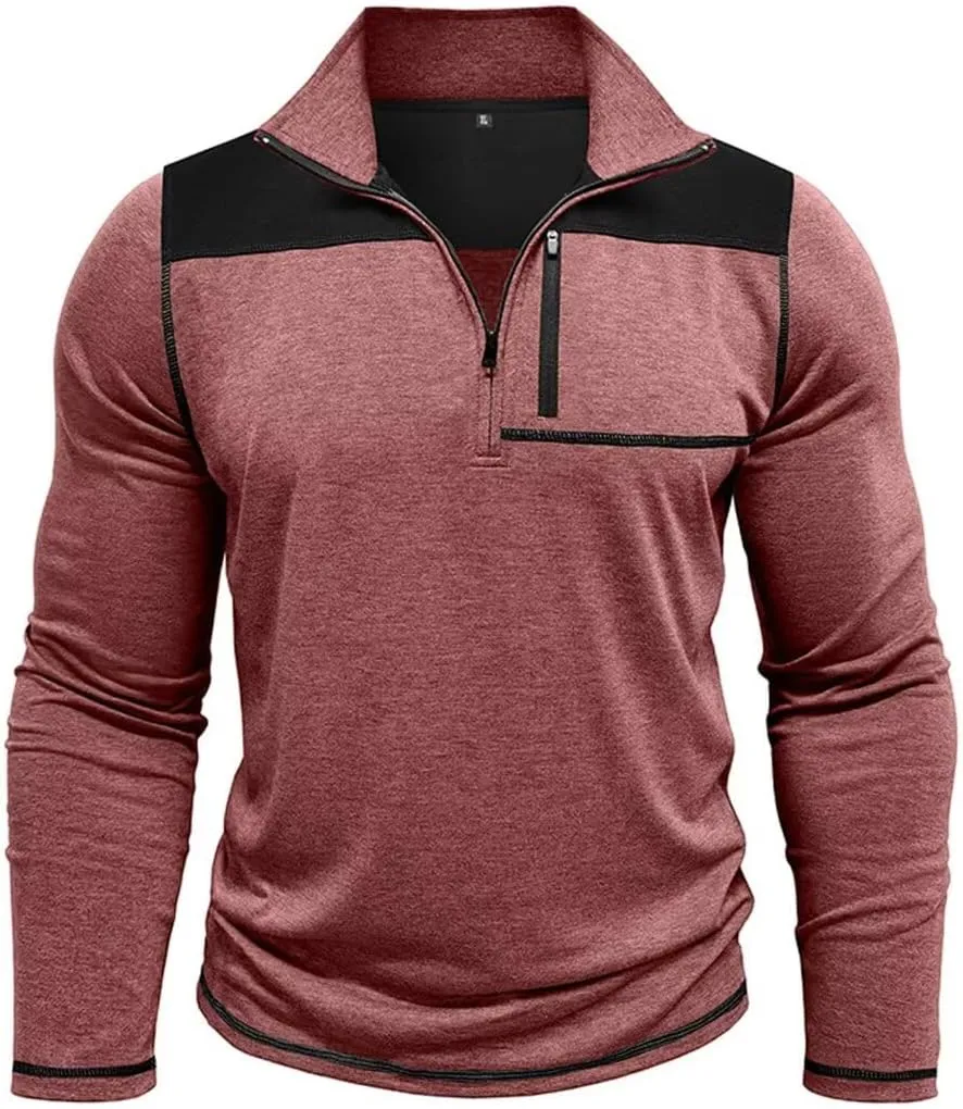 Mens Long Sleeve Polo Shirts Color Block Golf Shirt Quarter Zip Pullover Athletic T Shirts with Pocket