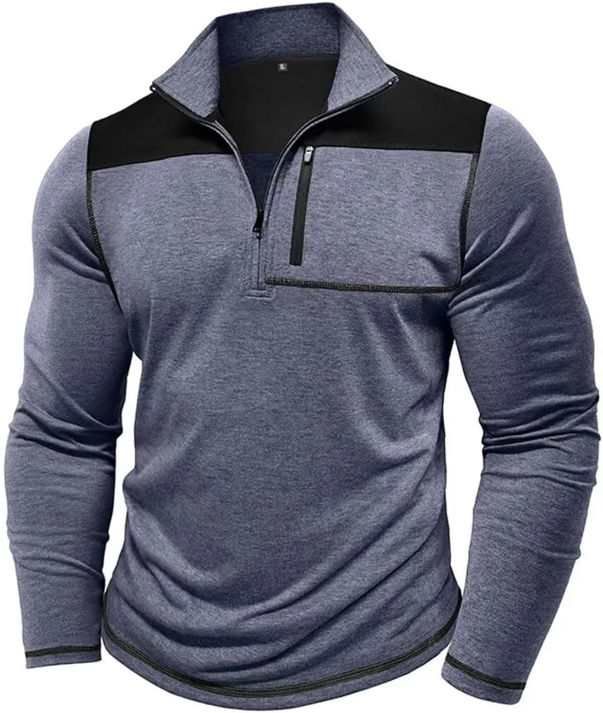 Mens Long Sleeve Polo Shirts Color Block Golf Shirt Quarter Zip Pullover Athletic T Shirts with Pocket