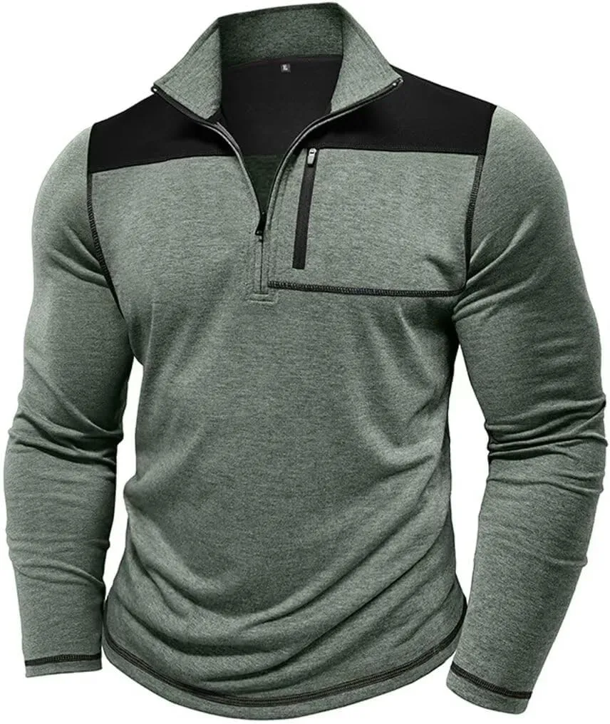 Mens Long Sleeve Polo Shirts Color Block Golf Shirt Quarter Zip Pullover Athletic T Shirts with Pocket