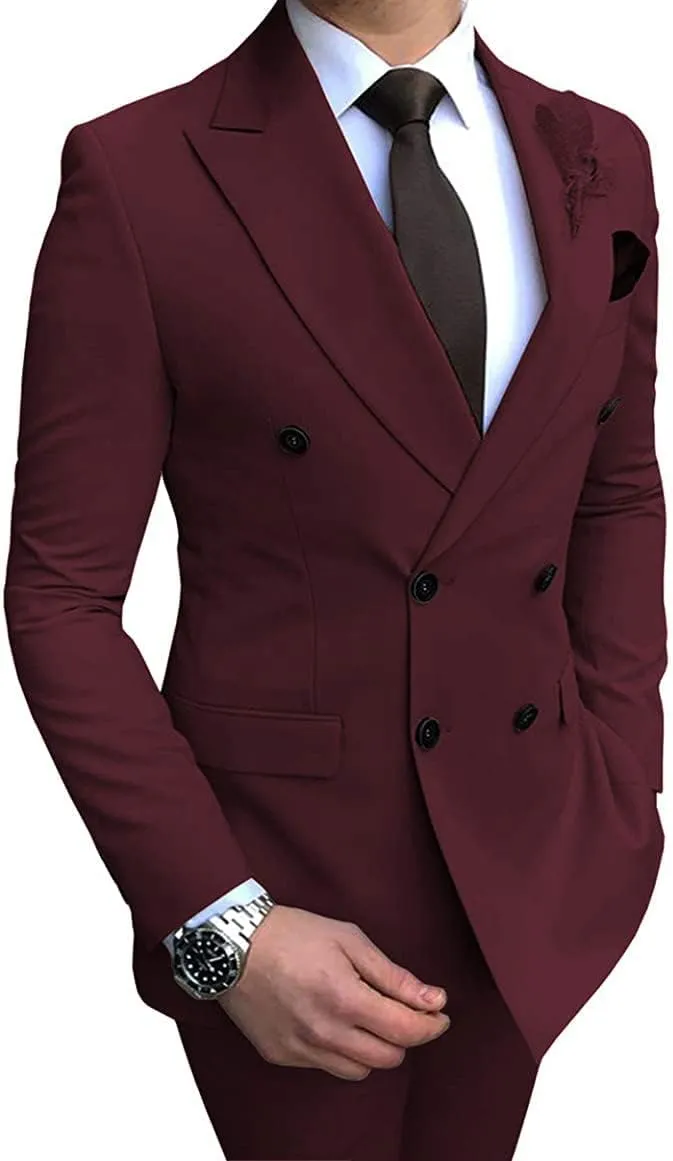 Men's Suits 2 Pieces Double Breasted Regular Fit Notch Lapel Solid Prom Tuxedos Wedding (Blazer Pants)