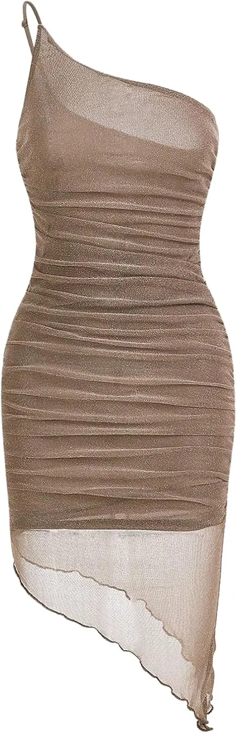 Milumia Women's One Shoulder Ruched Bodycon Dress Mesh Sheer Sleeveless Asymmetrical Dresses