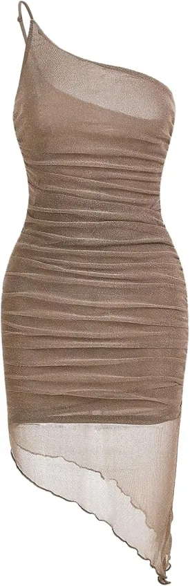 Milumia Women's One Shoulder Ruched Bodycon Dress Mesh Sheer Sleeveless Asymmetrical Dresses