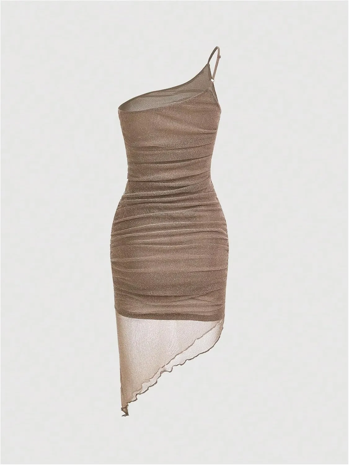Milumia Women's One Shoulder Ruched Bodycon Dress Mesh Sheer Sleeveless Asymmetrical Dresses