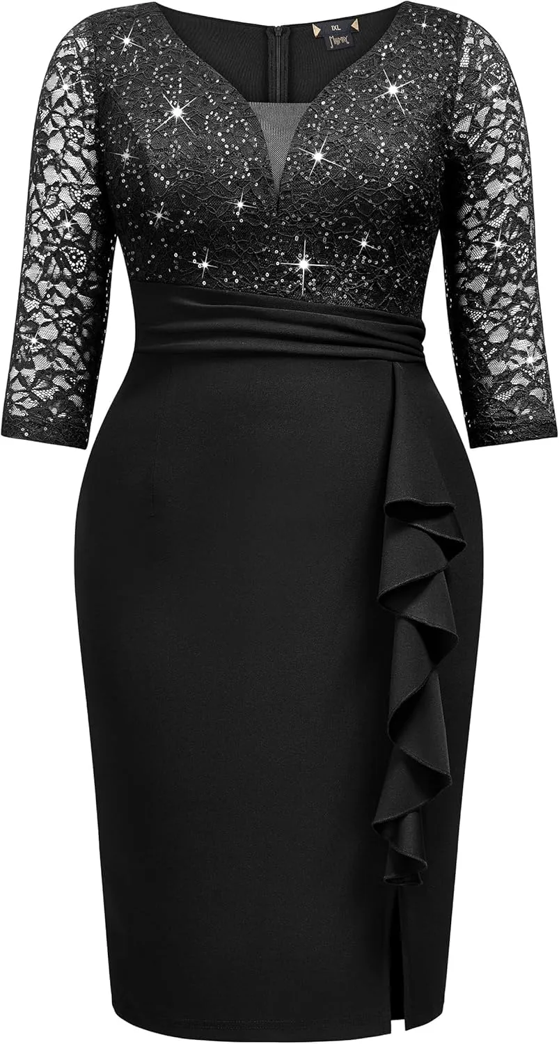 MISSMAY Women's Plus Size Sequined Lace V Neck Ruffle Split Hem Wedding Party Bodycon Cocktail Dress