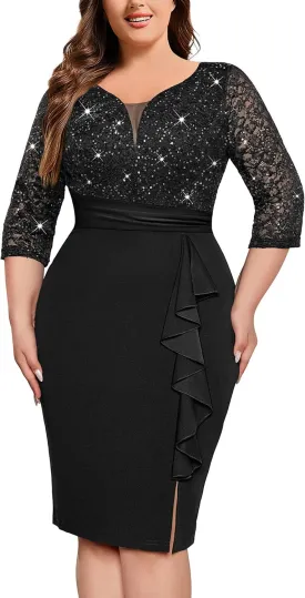 MISSMAY Women's Plus Size Sequined Lace V Neck Ruffle Split Hem Wedding Party Bodycon Cocktail Dress