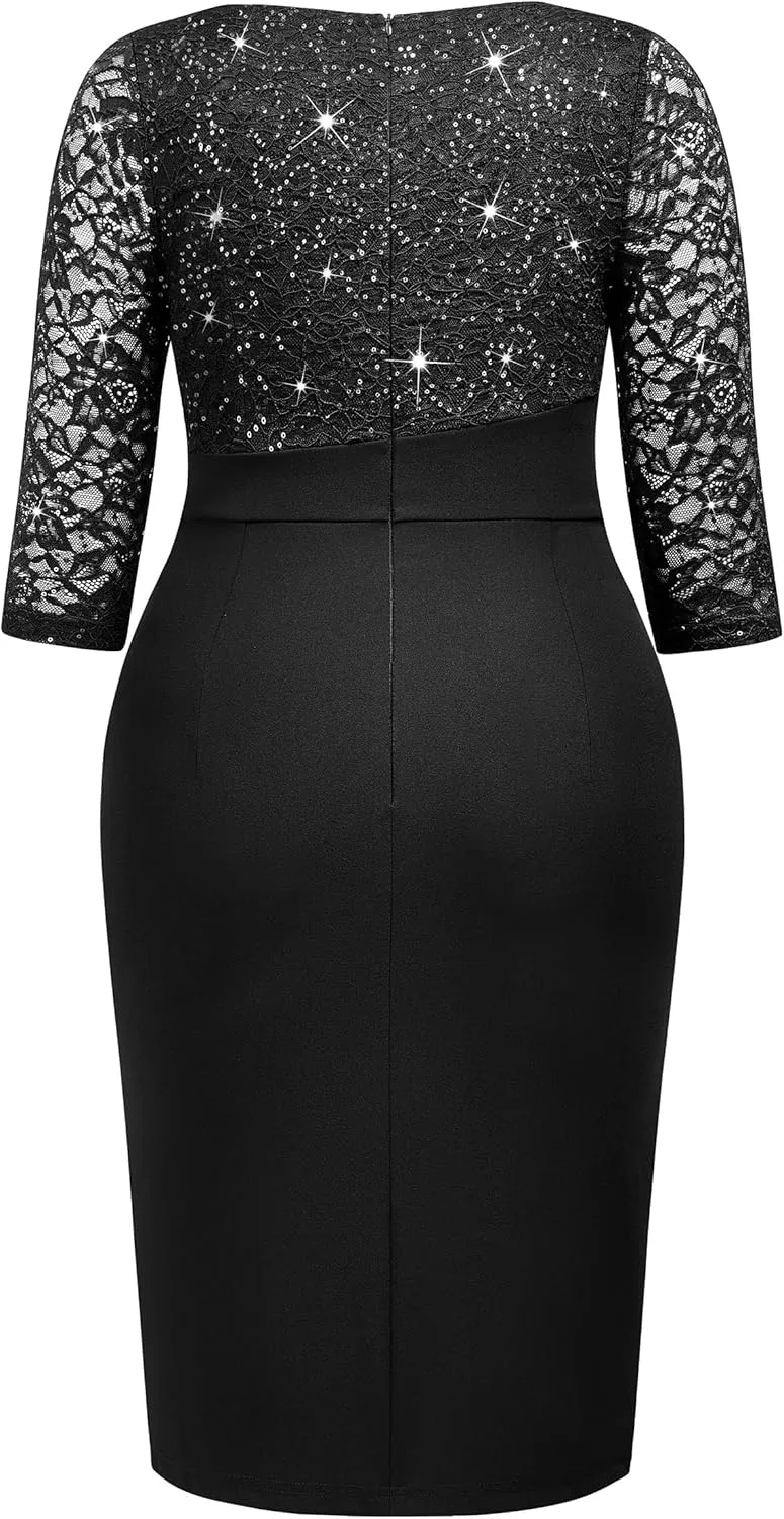 MISSMAY Women's Plus Size Sequined Lace V Neck Ruffle Split Hem Wedding Party Bodycon Cocktail Dress