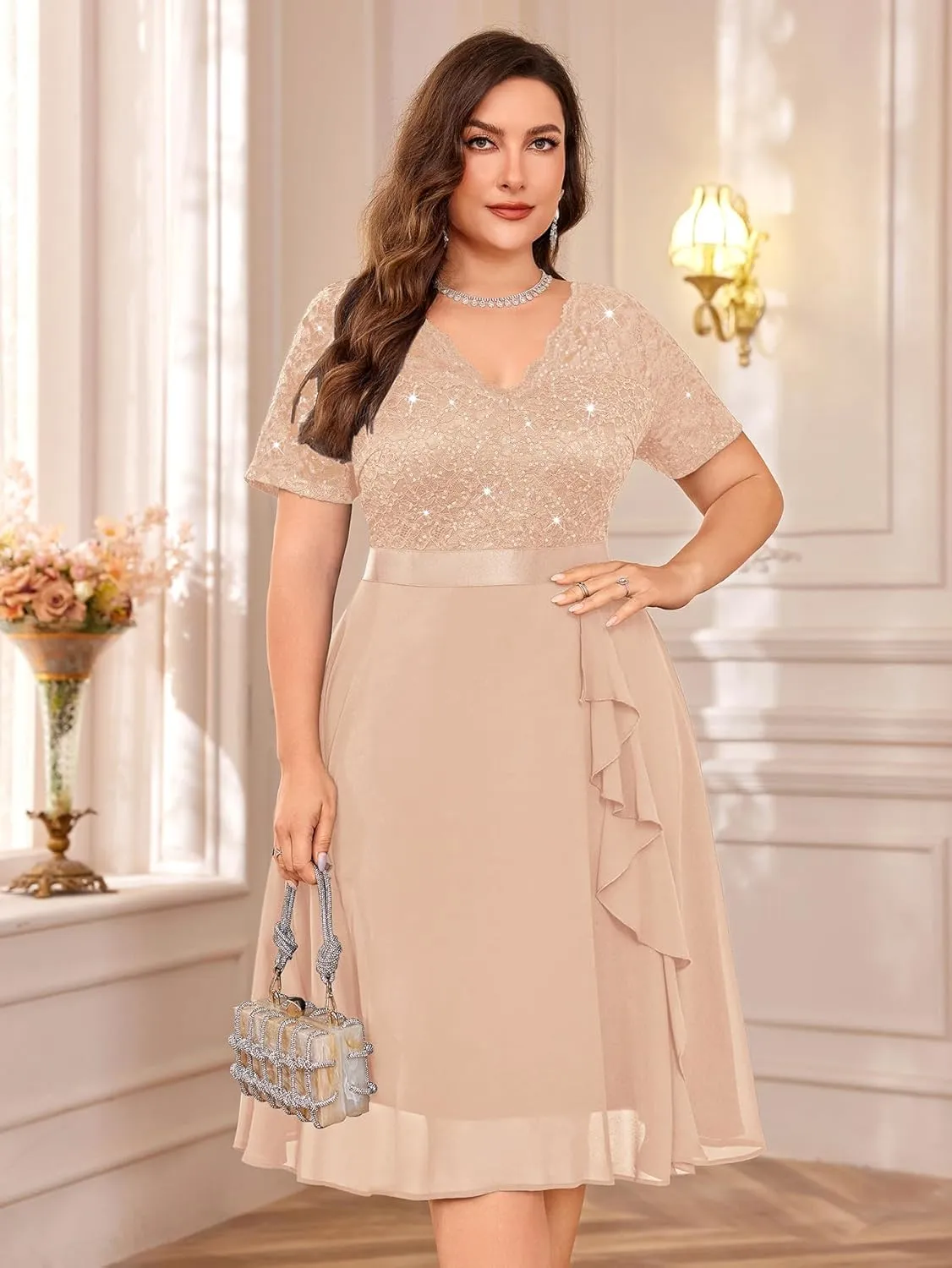 MISSMAY Women's Plus Size Sequins Lace Contrast Chiffon V Neck Flowy Cocktail Party Prom Midi Dress