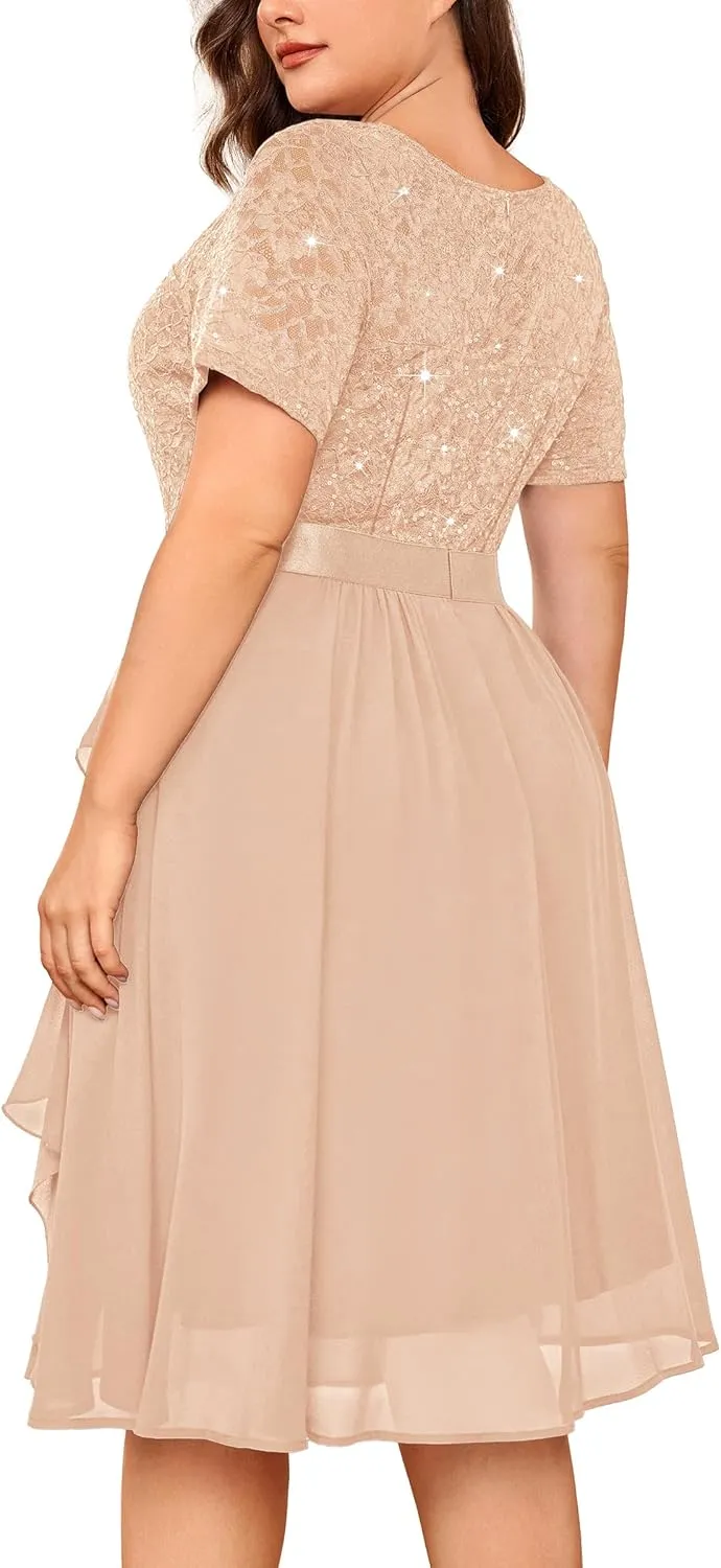 MISSMAY Women's Plus Size Sequins Lace Contrast Chiffon V Neck Flowy Cocktail Party Prom Midi Dress