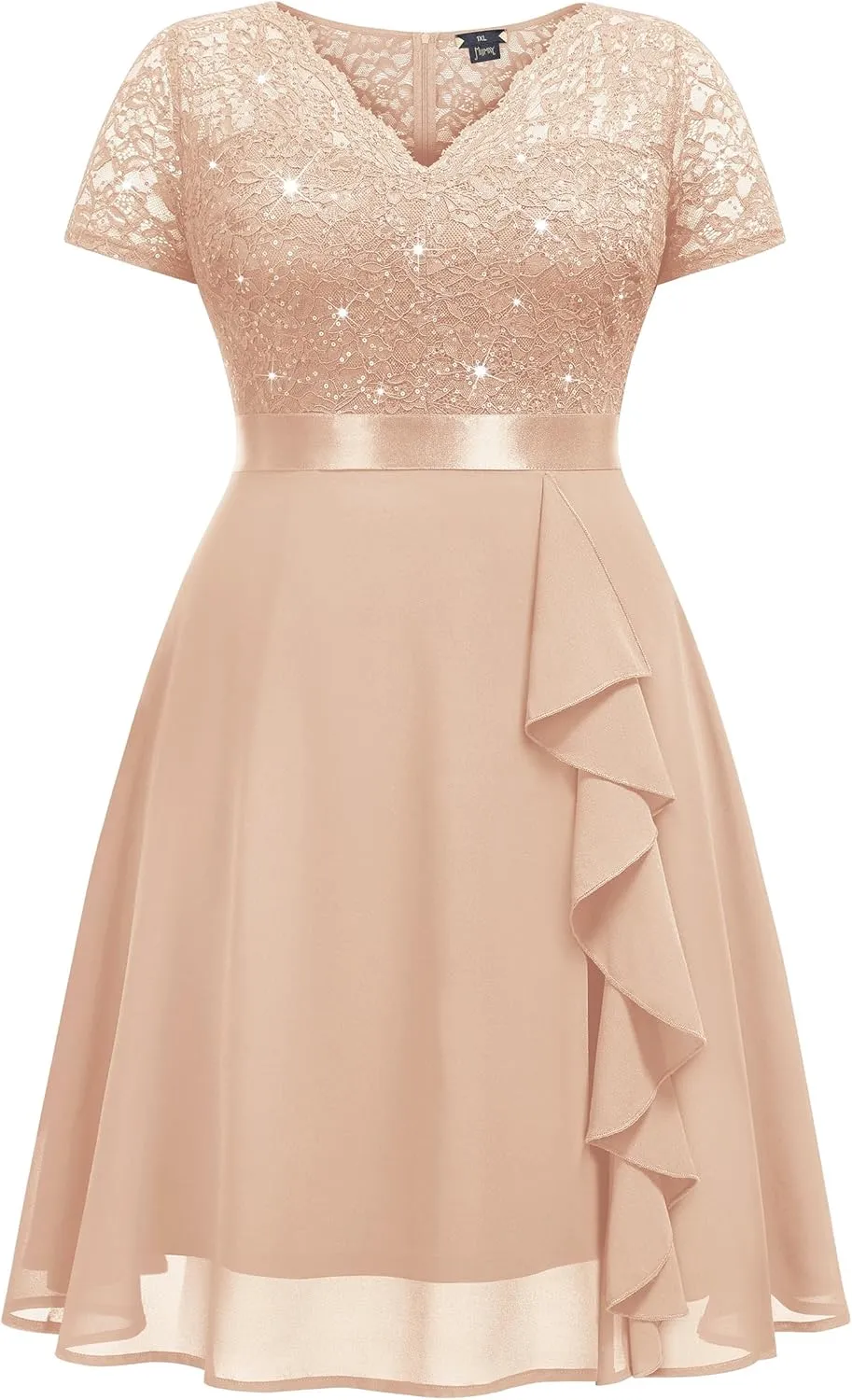 MISSMAY Women's Plus Size Sequins Lace Contrast Chiffon V Neck Flowy Cocktail Party Prom Midi Dress