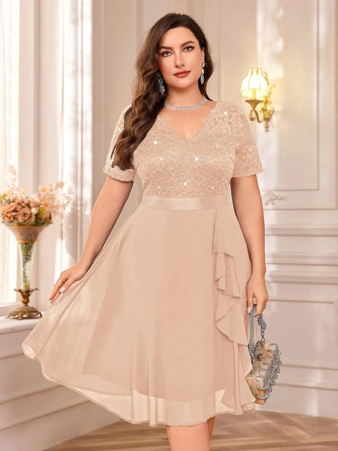 MISSMAY Women's Plus Size Sequins Lace Contrast Chiffon V Neck Flowy Cocktail Party Prom Midi Dress