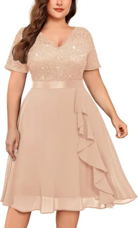 MISSMAY Women's Plus Size Sequins Lace Contrast Chiffon V Neck Flowy Cocktail Party Prom Midi Dress