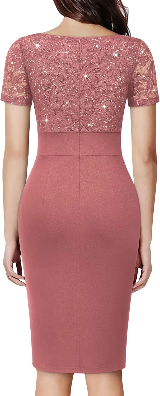 Miusol Women's Deep V-Neck Glitter Sequin Lace Elegant Ruffle Style Cocktail Party Dress