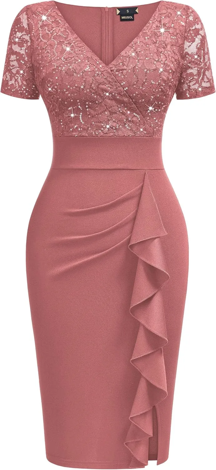 Miusol Women's Deep V-Neck Glitter Sequin Lace Elegant Ruffle Style Cocktail Party Dress