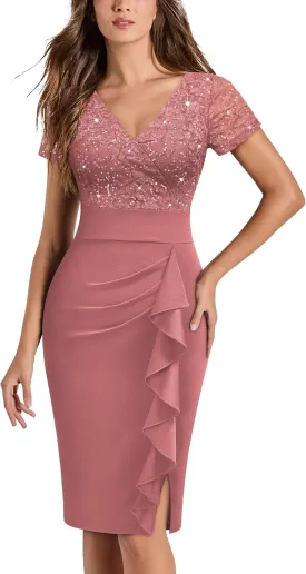 Miusol Women's Deep V-Neck Glitter Sequin Lace Elegant Ruffle Style Cocktail Party Dress
