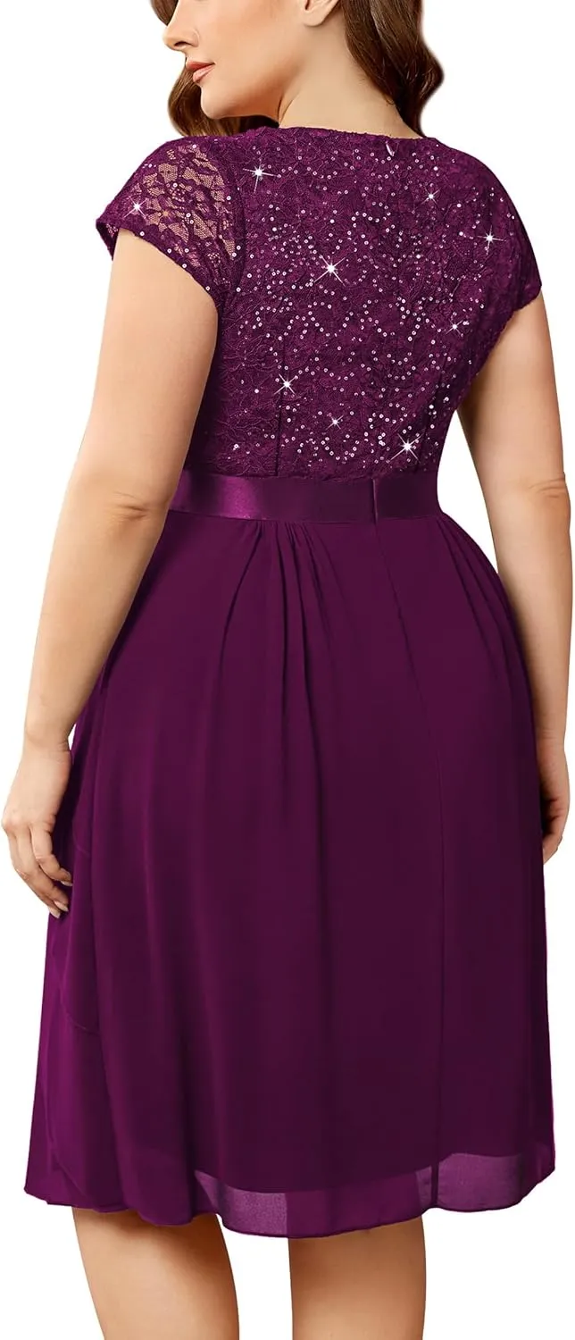 Miusol Women's Plus Size Sequin Lace V Neck Ruffle Tiered Chiffon Cocktail Party Dress