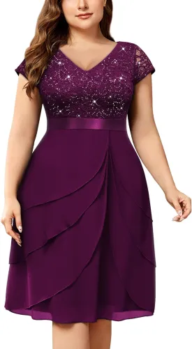 Miusol Women's Plus Size Sequin Lace V Neck Ruffle Tiered Chiffon Cocktail Party Dress