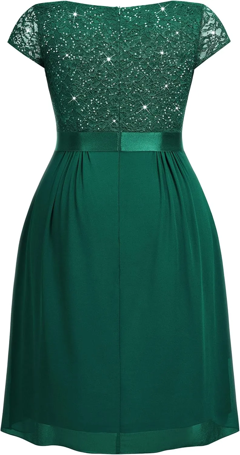 Miusol Women's Plus Size Sequin Lace V Neck Ruffle Tiered Chiffon Cocktail Party Dress