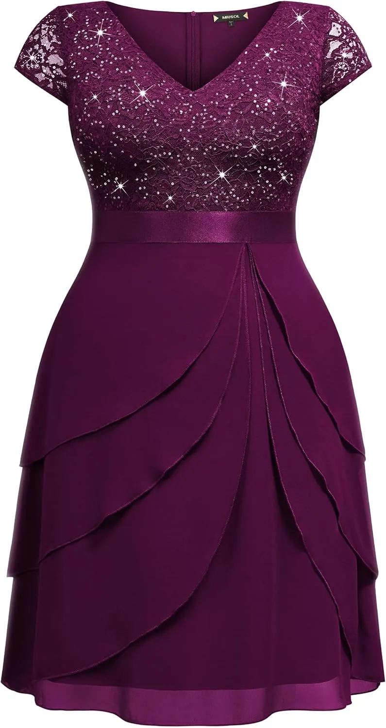 Miusol Women's Plus Size Sequin Lace V Neck Ruffle Tiered Chiffon Cocktail Party Dress