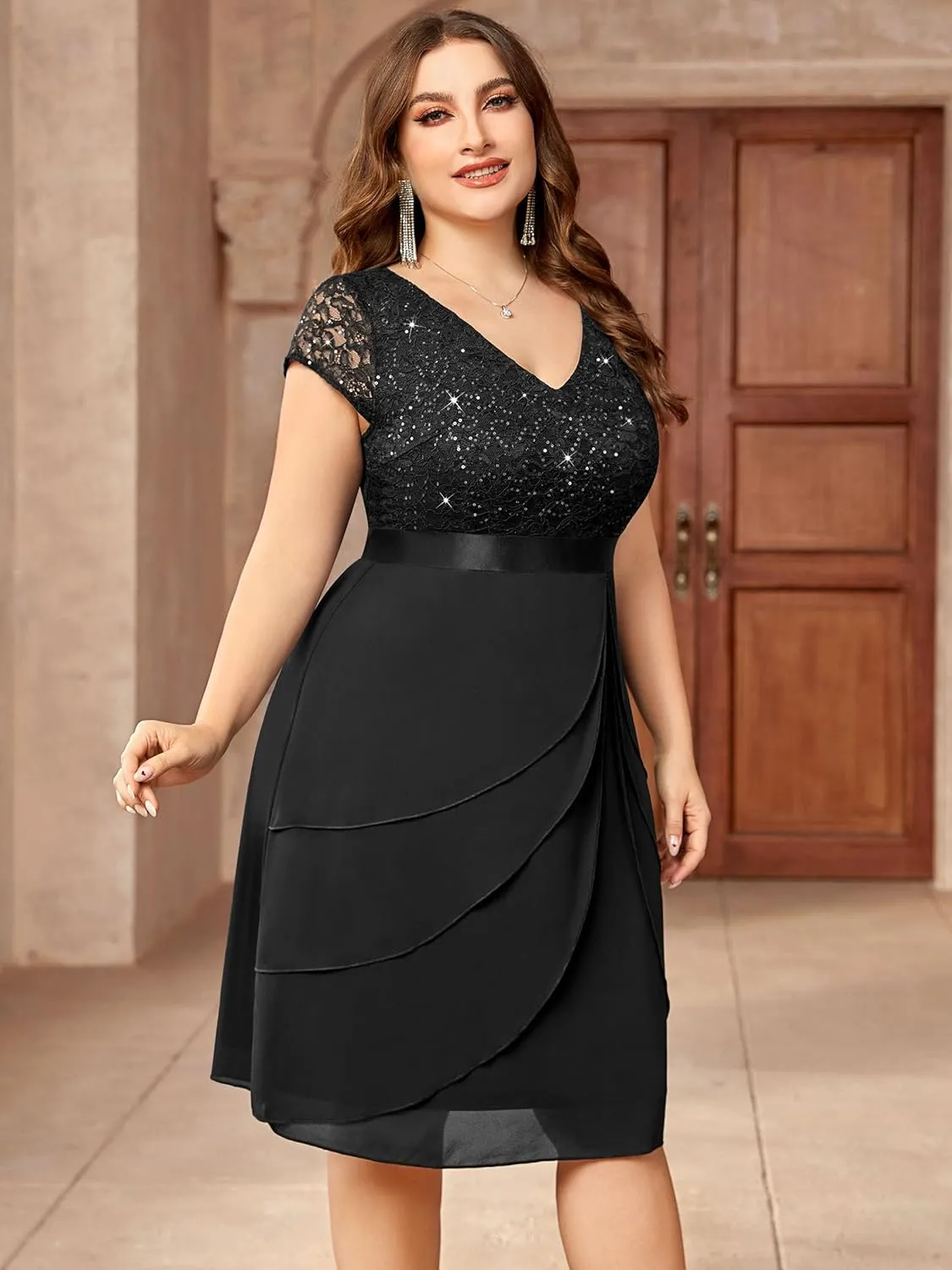 Miusol Women's Plus Size Sequin Lace V Neck Ruffle Tiered Chiffon Cocktail Party Dress