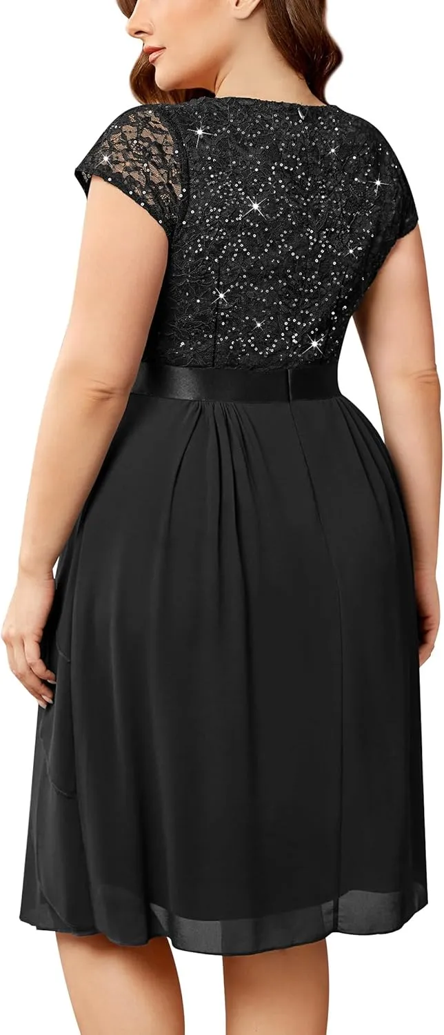 Miusol Women's Plus Size Sequin Lace V Neck Ruffle Tiered Chiffon Cocktail Party Dress