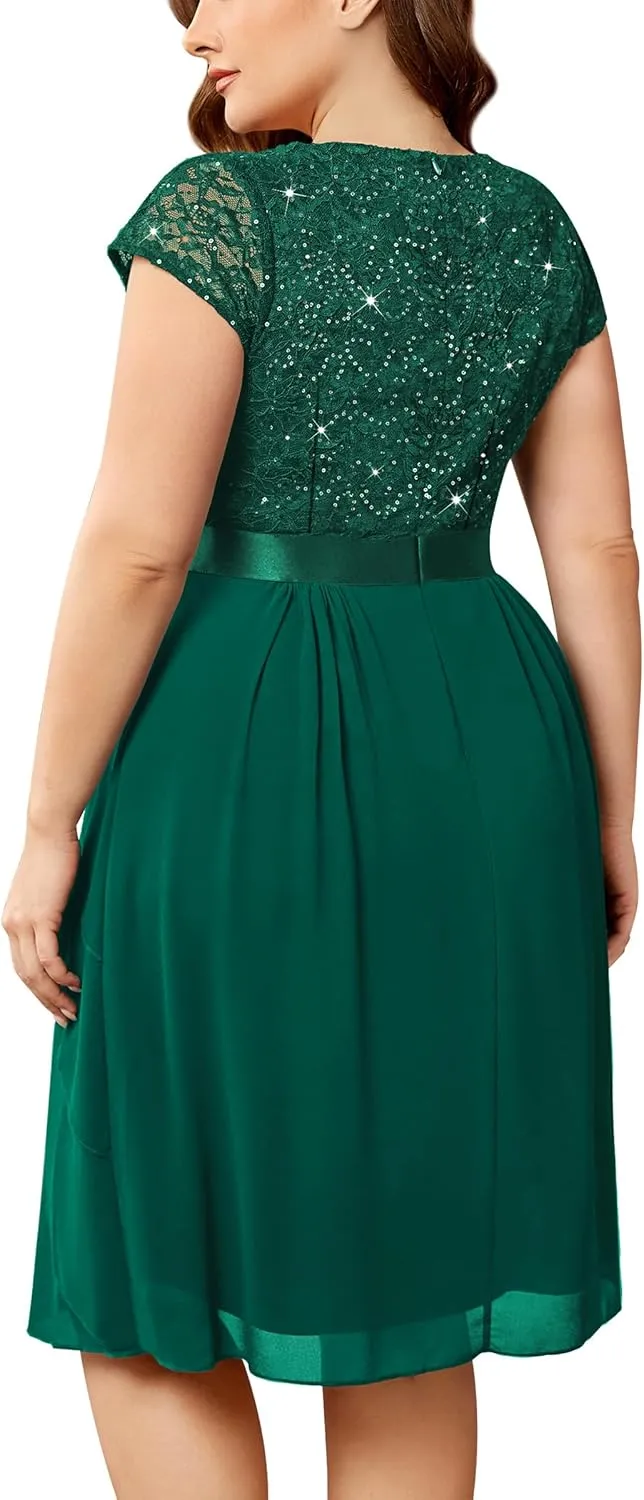 Miusol Women's Plus Size Sequin Lace V Neck Ruffle Tiered Chiffon Cocktail Party Dress