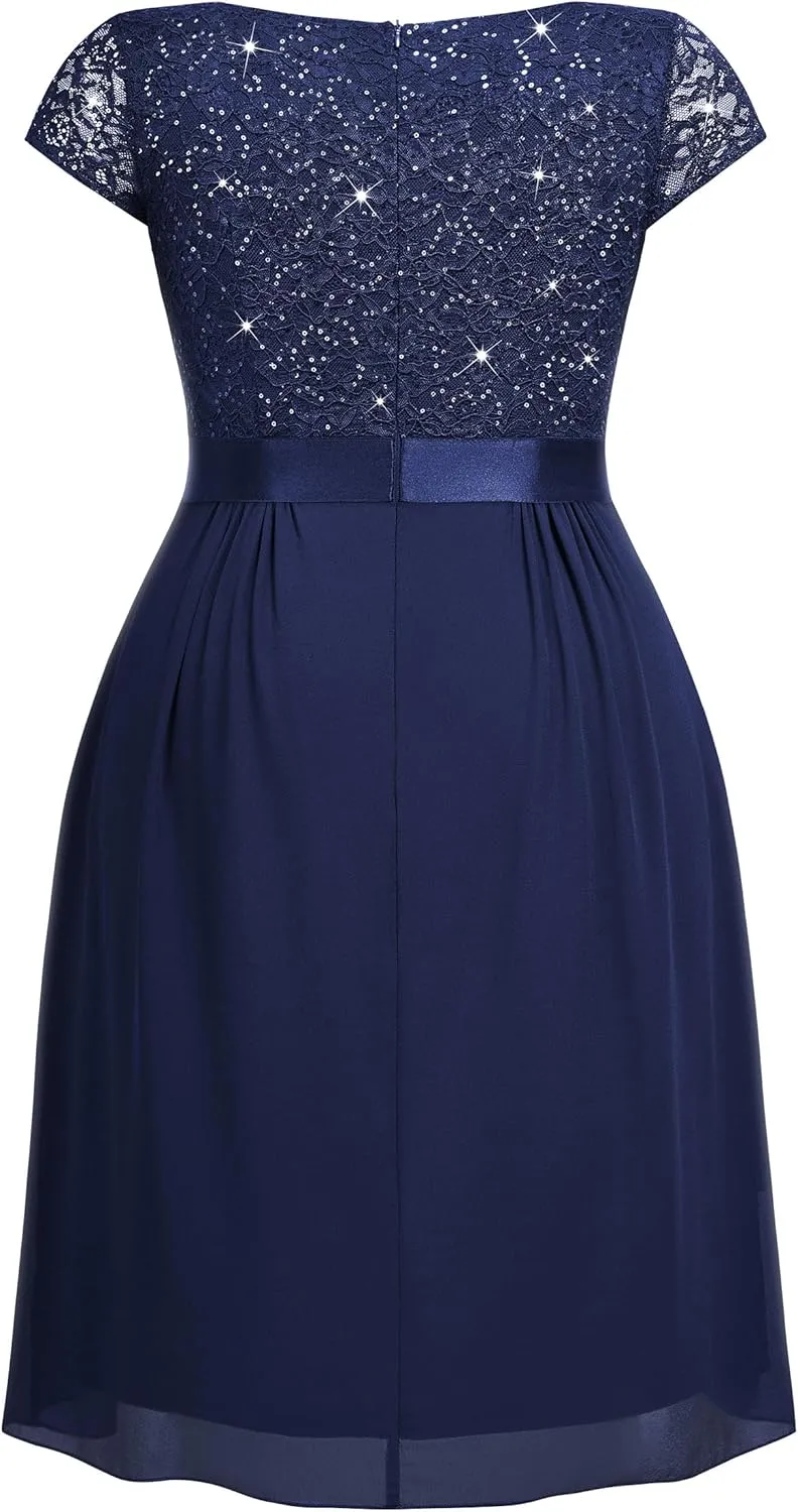 Miusol Women's Plus Size Sequin Lace V Neck Ruffle Tiered Chiffon Cocktail Party Dress